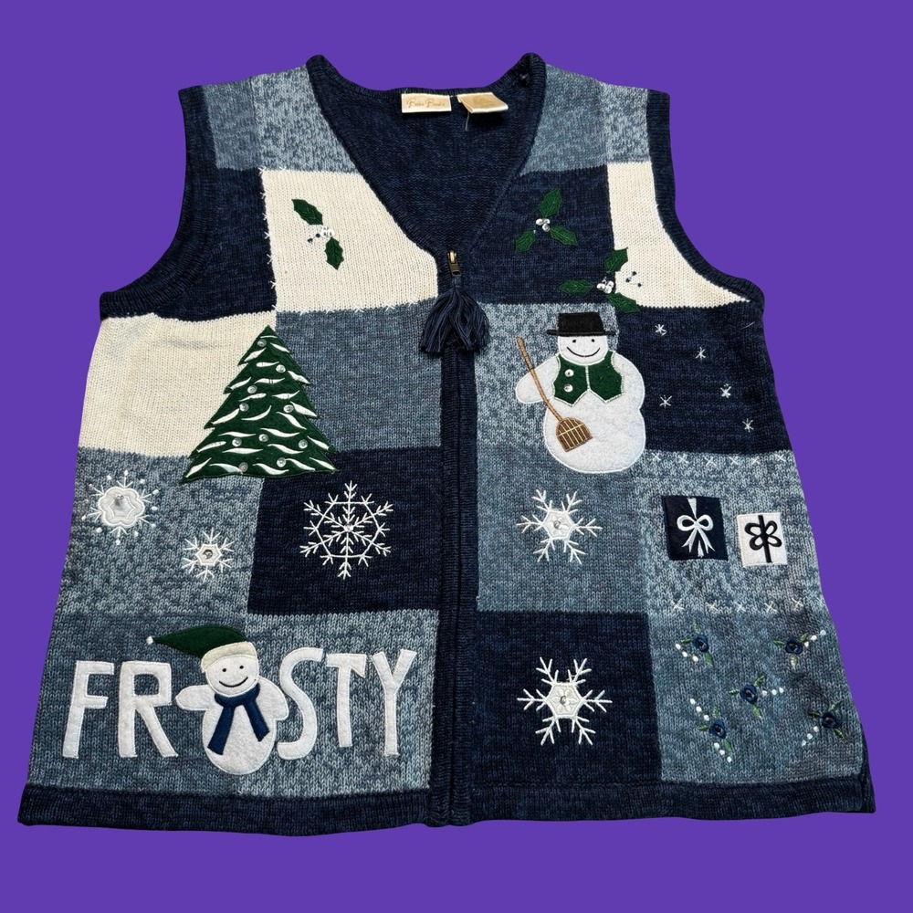 Vintage Bobbie Brooks Christmas Sweater Vest Womens L Blue Snowman Zip Knit